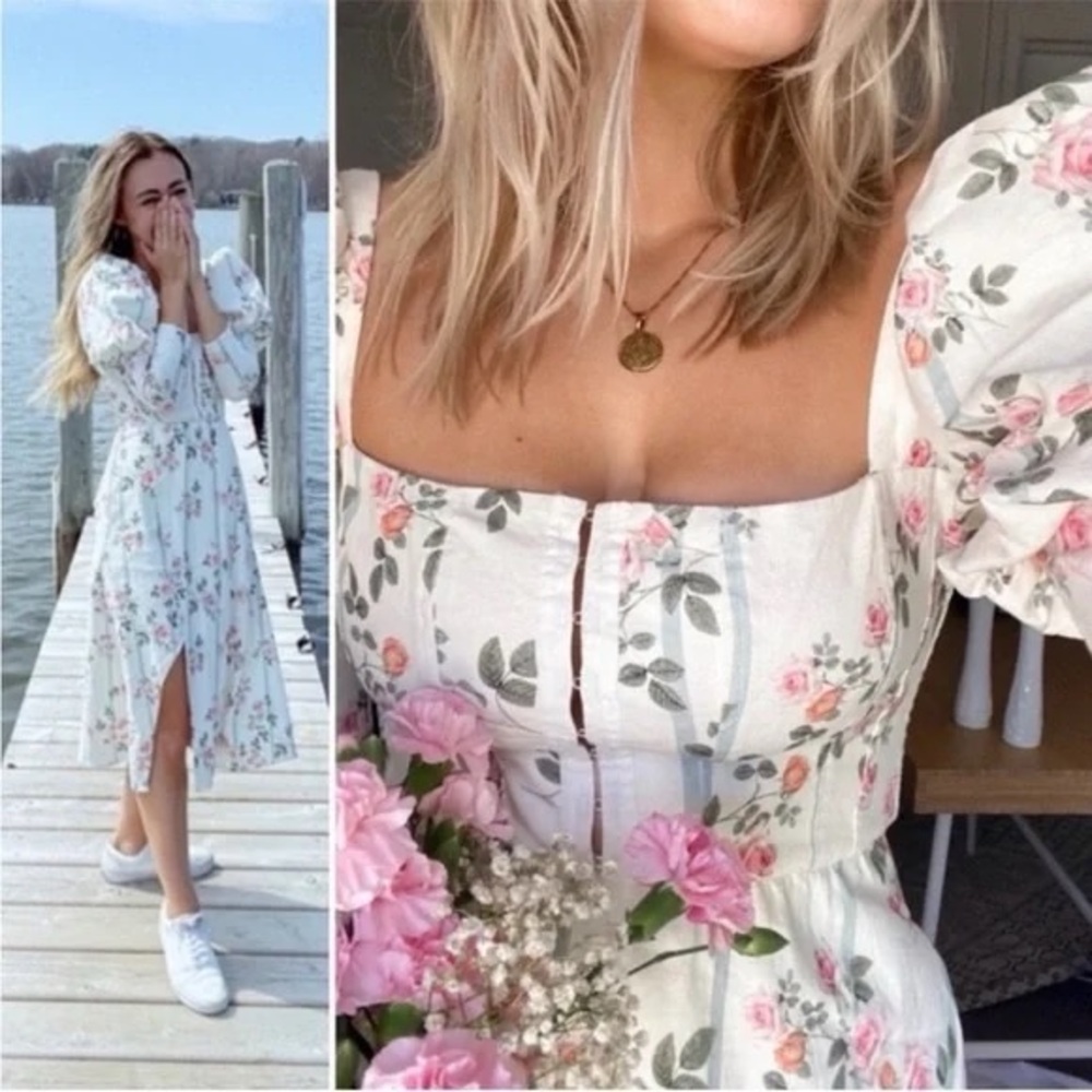 For Love and Lemons “Rose Striped Linen Blend Midi Dress” S NWOT